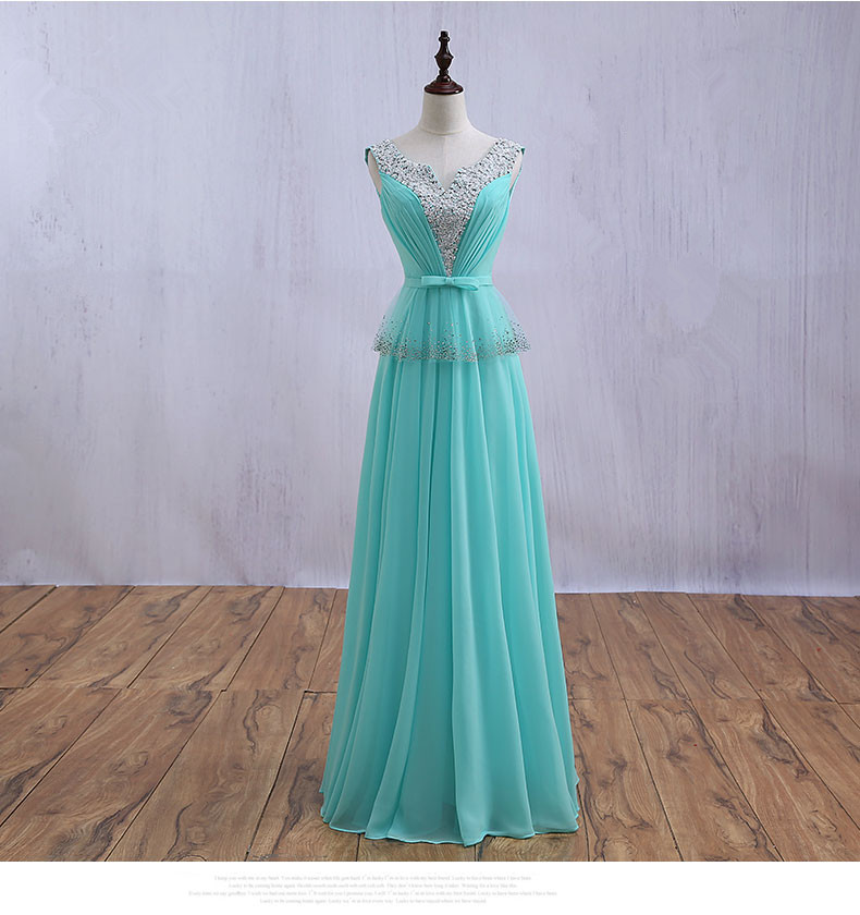 Light Green Chiffon Beaded Crystal Vneck Lace Up Evening Party Gown